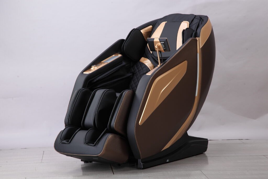 A luxurious black and gold iRobo Wellness Massage Chair designed for ultimate relaxation, featuring sleek curves and advanced massage features.