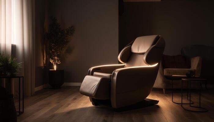 A luxurious multi-dimensional massage chair in a modern, dimly lit room, showcasing its sleek design and comfortable features. The ambient lighting enhances the chair's premium appeal.