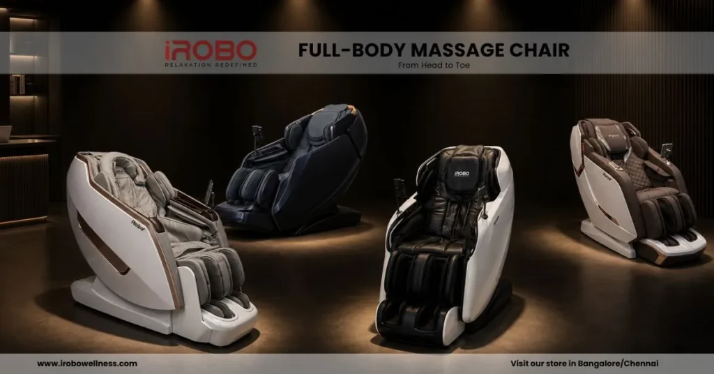 iRobo full-body massage chairs displayed in a luxurious modern wellness showroom