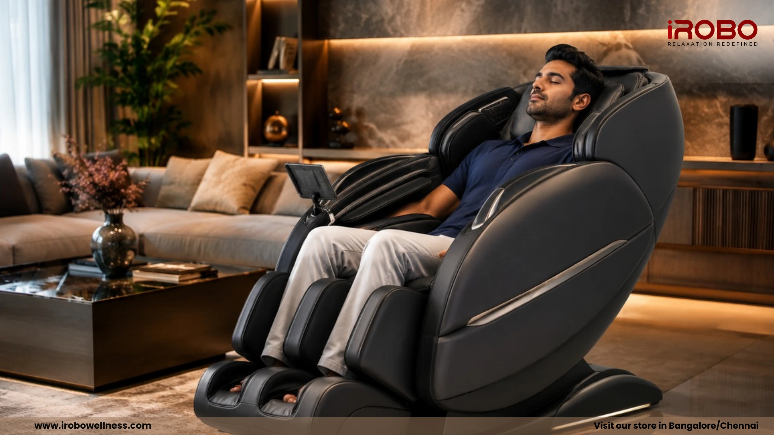 Next-gen massage chair with 4D rollers and smart controls in a modern Indian living room