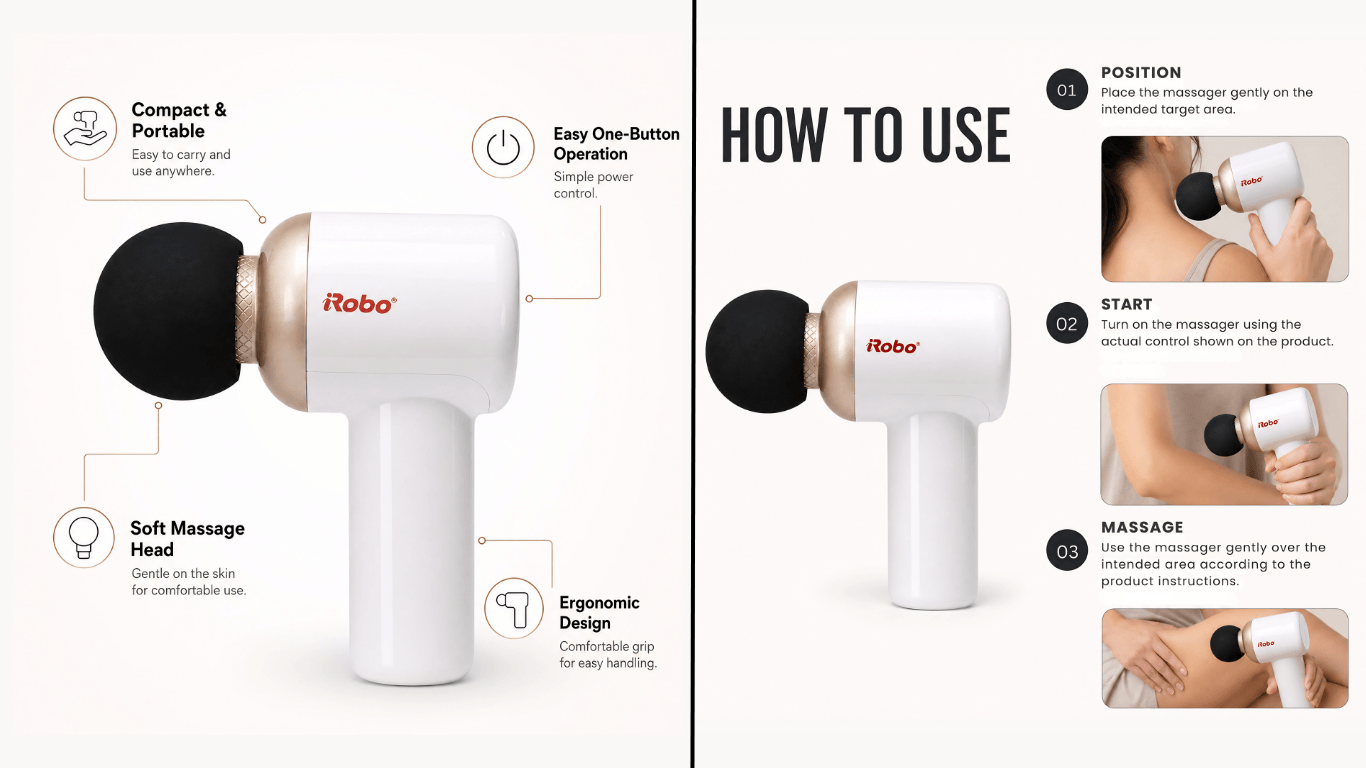 iRobo Fascia Gun features and how to use a massage gun