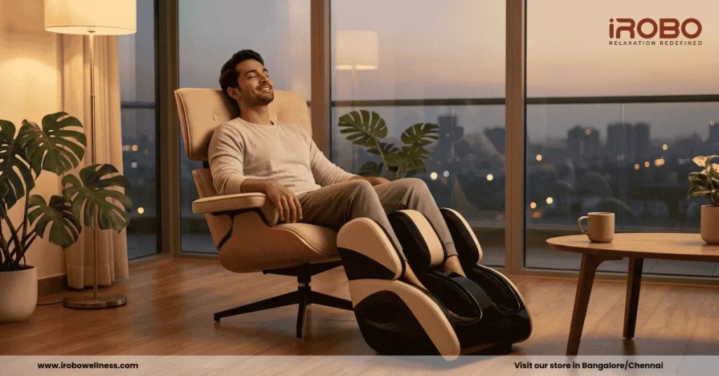 A man using the iRobo C30 Leg Massager and relaxing himself after working all day