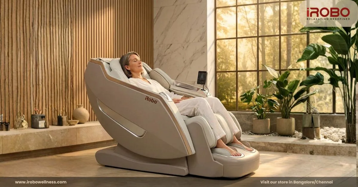Senior using a full-body massage chair at home for joint pain relief