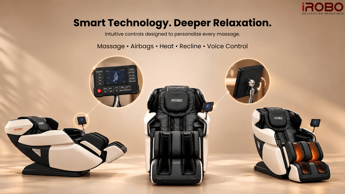 iRobo iUltima Pro massage chair showcasing its smart control system, massage settings, heat therapy and reclining functions.