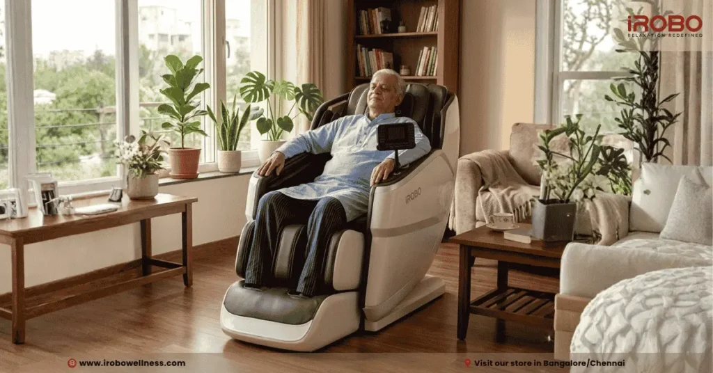An elderly Indian man relaxing with eyes closed in an iRobo premium full body massage chair inside a warmly lit living room, demonstrating a daily comfort routine for seniors.