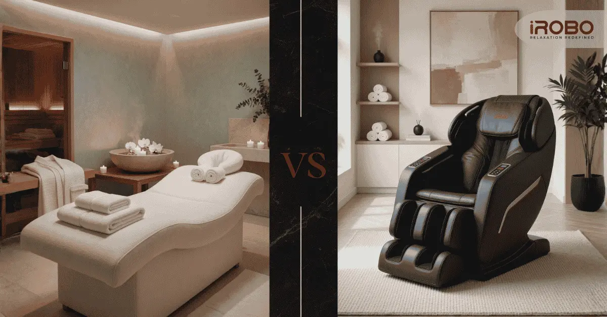 Massage chair vs spa comparison showing an iRobo massage chair at home and a luxury spa experience