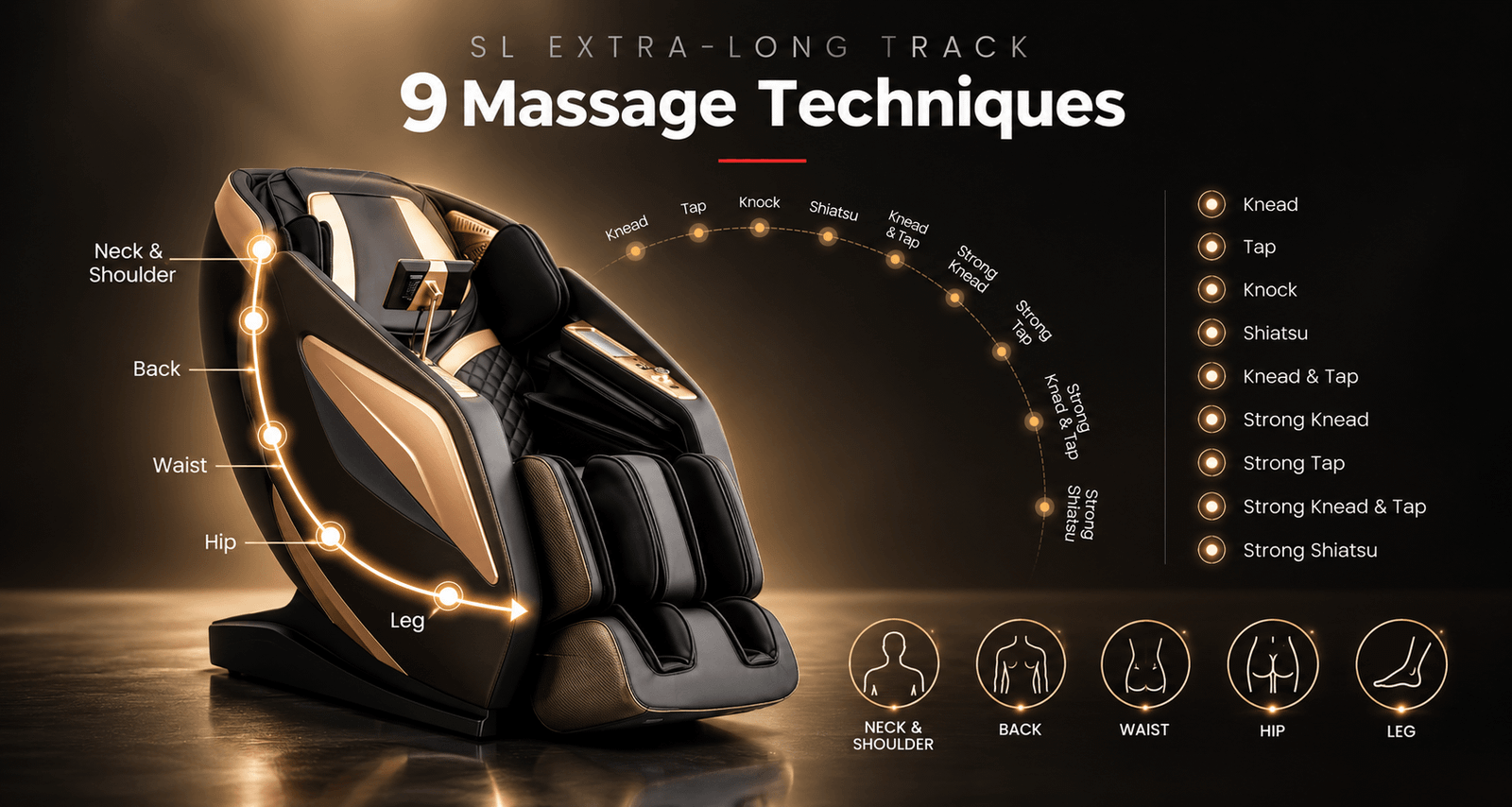 iRobo massage chair featuring an SL extra-long track and nine massage techniques, with highlighted massage zones from neck and shoulders to legs.