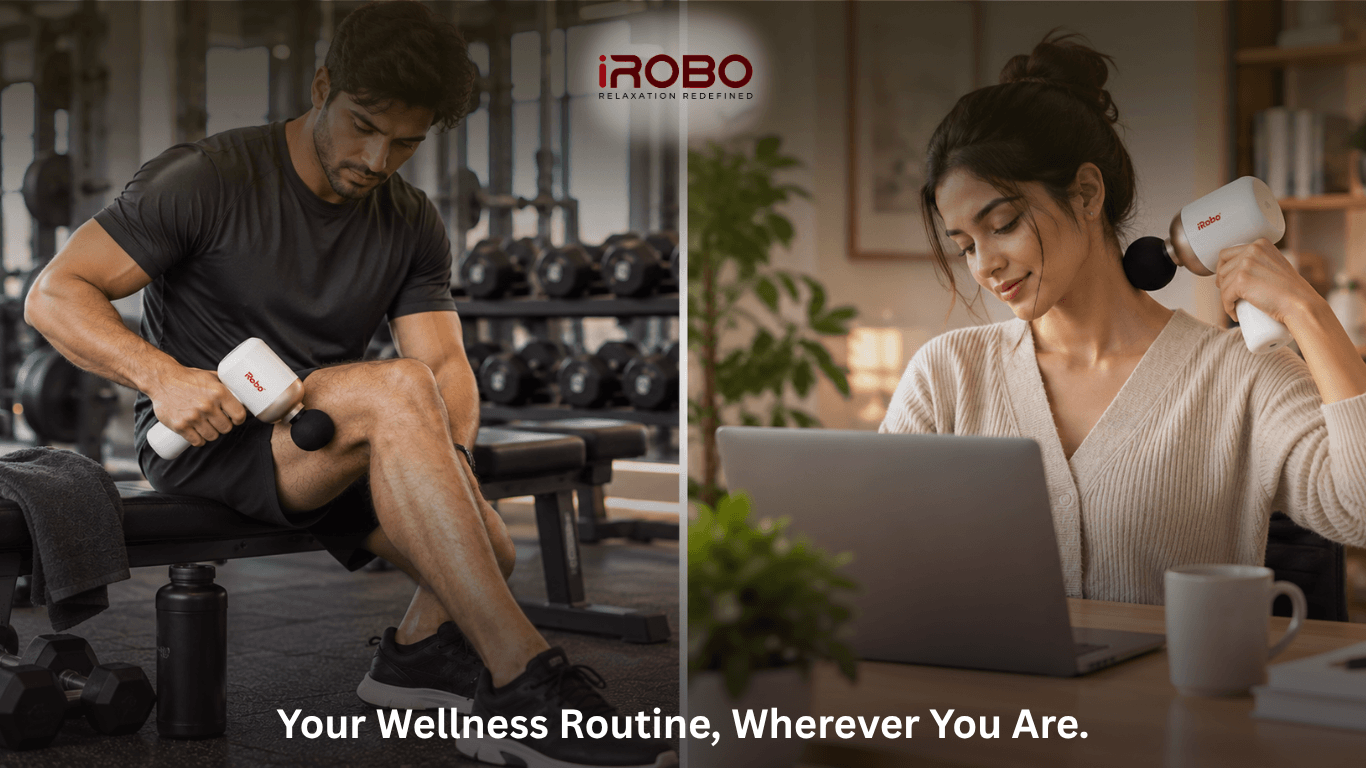 People using an iRobo Fascia Gun at the gym and while working from home