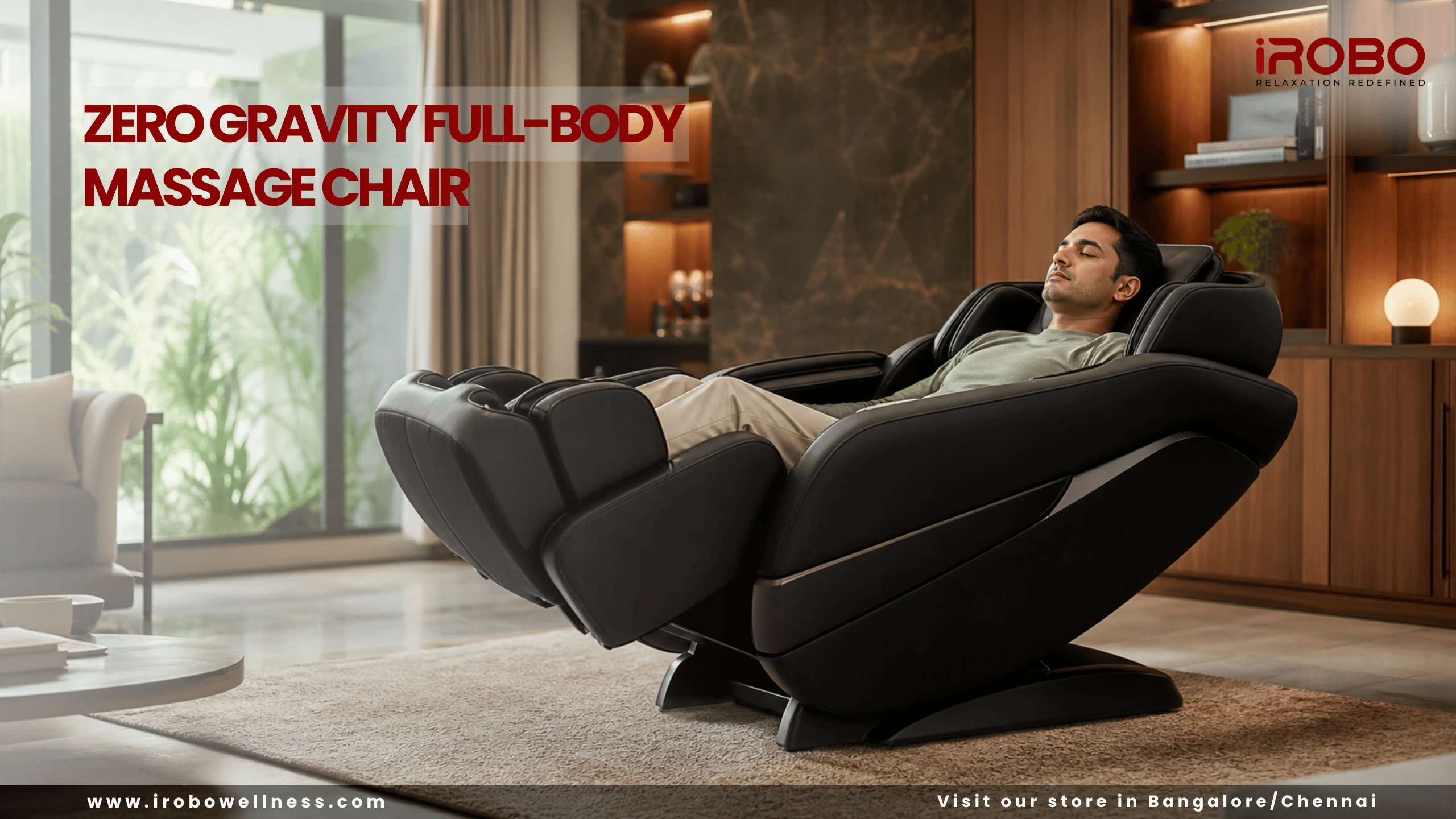 Zero gravity massage chair reclined with knees elevated above heart level