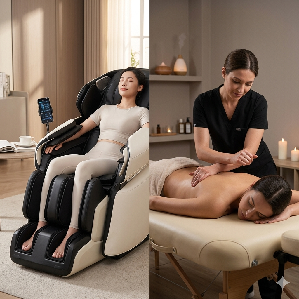 Comparison of a modern zero-gravity massage chair versus a traditional professional spa massage - iRobo