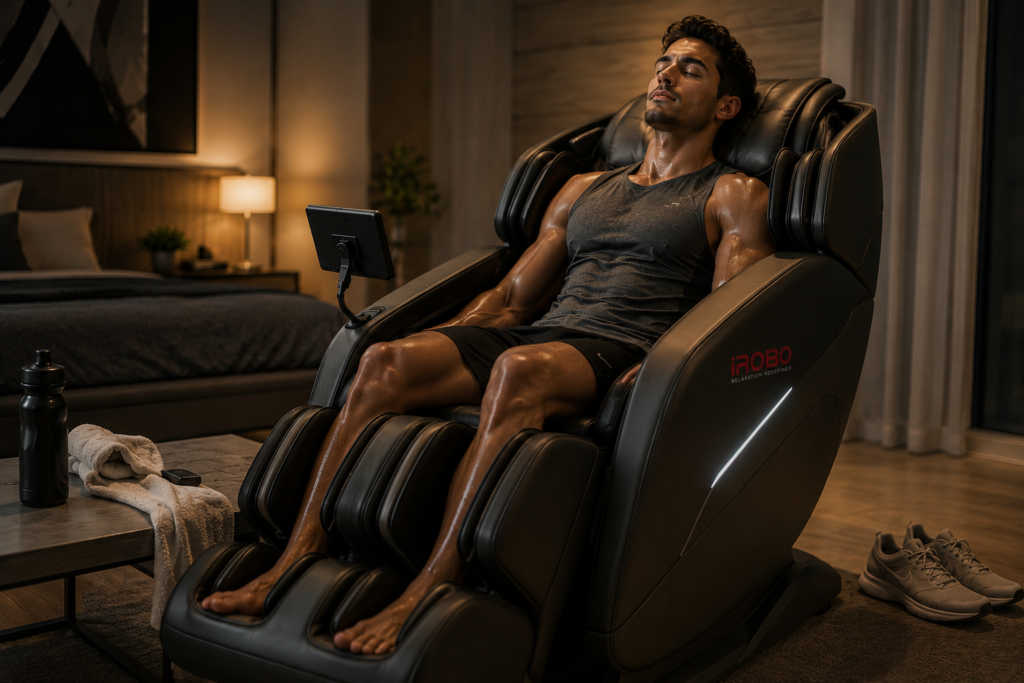 Modern massage chair for muscle recovery in home gym for post-workout relaxation