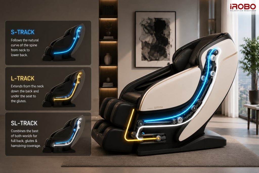A premium iRobo wellness massage chair showing S-Track, L-Track, and SL-Track roller system comparison in a modern luxury home