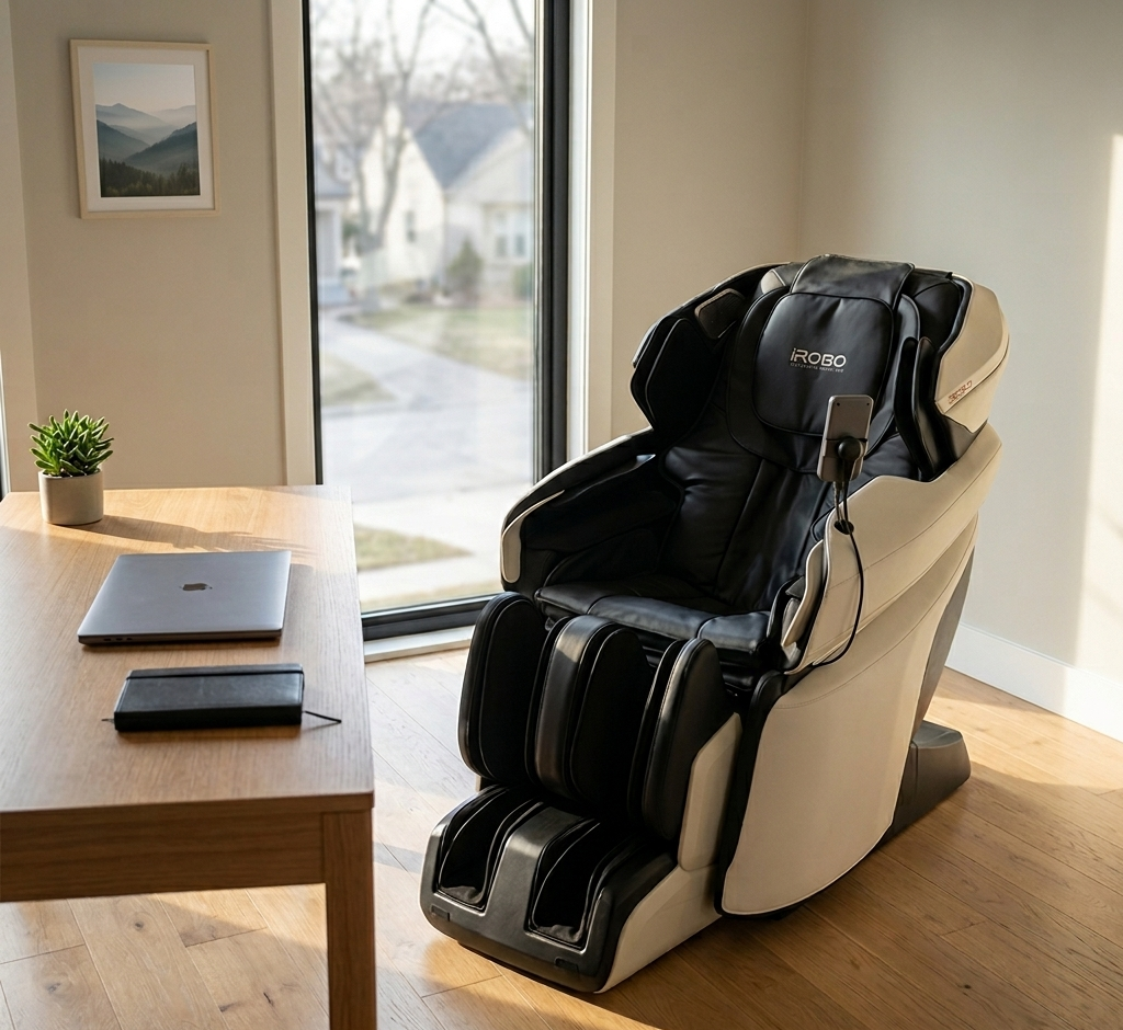 A luxury full-body zero-gravity iRobo office massage chair in a minimalist home office next to a large window. The modern black and white ergonomic chair features advanced foot roller massagers, an integrated tablet controller, and premium leather upholstery on polished light wood flooring.