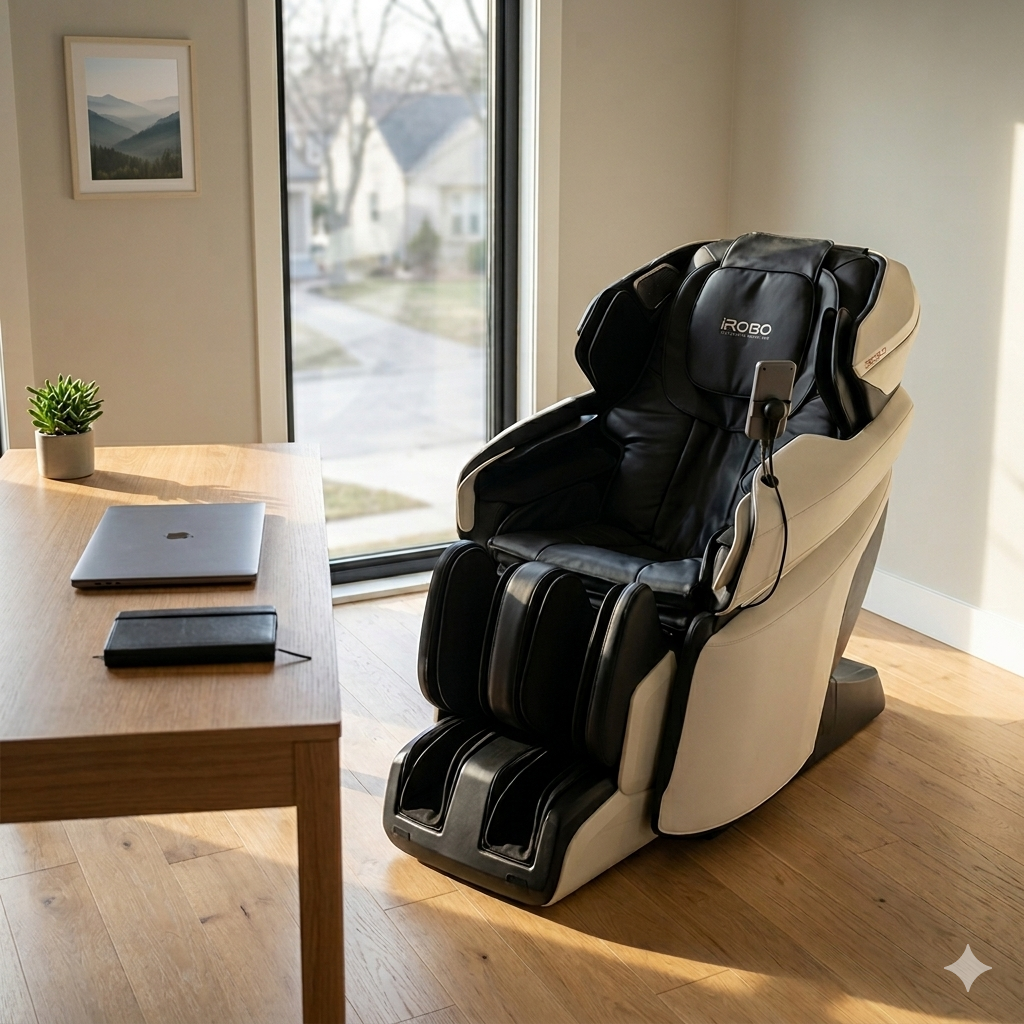 A luxury full-body zero-gravity iRobo office massage chair in a minimalist home office next to a large window. The modern black and white ergonomic chair features advanced foot roller massagers, an integrated tablet controller, and premium leather upholstery on polished light wood flooring.