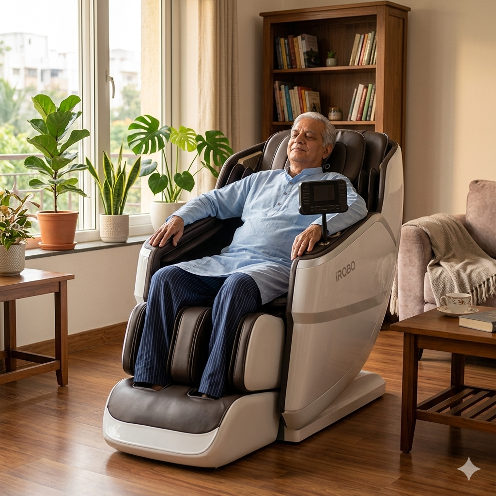 An elderly Indian man relaxing with eyes closed in an iRobo premium full body massage chair inside a warmly lit living room, demonstrating a daily comfort routine for seniors.