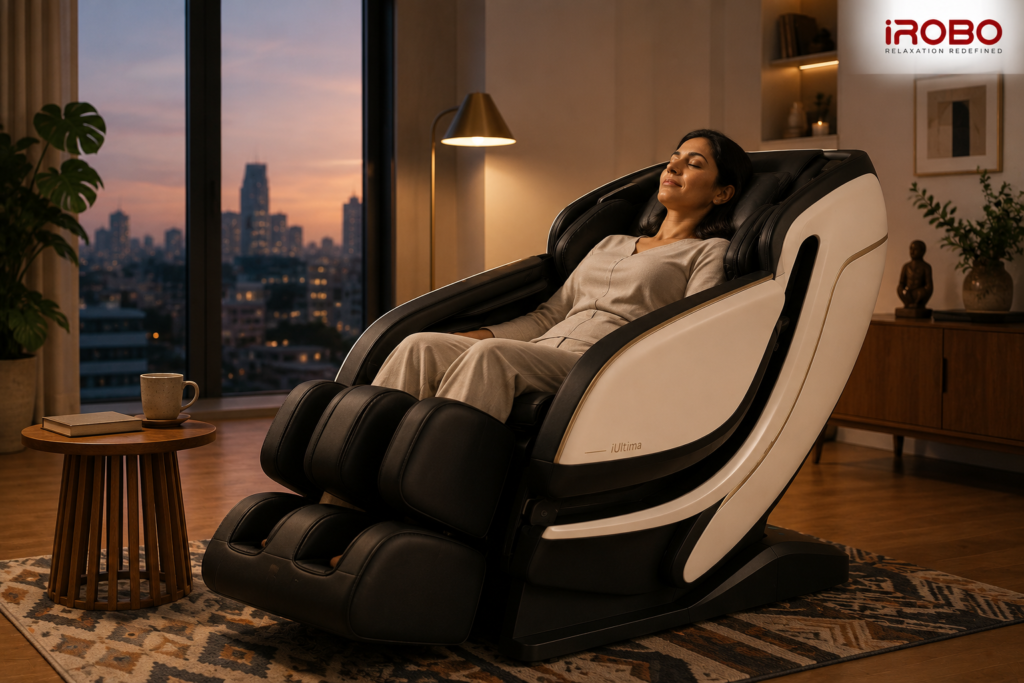 A women relaxing in iRobo massage chair before bedtime at home